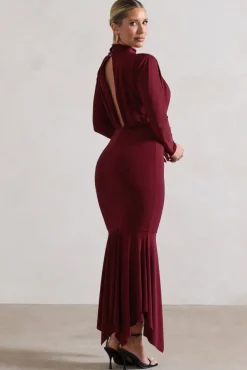 Carla | Berry High-Neck Maxi Dress With Draped Hem