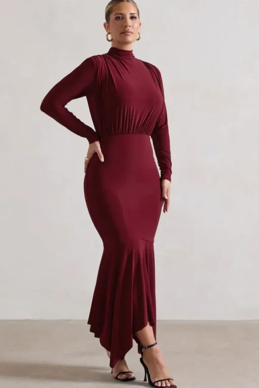 Carla | Berry High-Neck Maxi Dress With Draped Hem