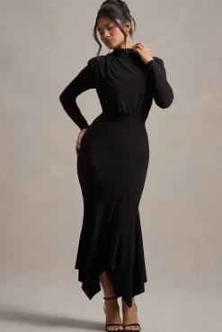 Carla | Black High-Neck Maxi Dress With Draped Hem