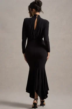 Carla | Black High-Neck Maxi Dress With Draped Hem