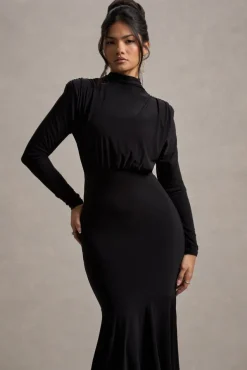 Carla | Black High-Neck Maxi Dress With Draped Hem