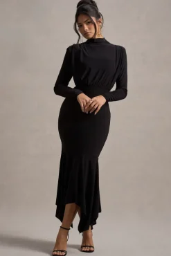 Carla | Black High-Neck Maxi Dress With Draped Hem