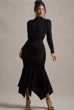 Carla | Black High-Neck Maxi Dress With Draped Hem