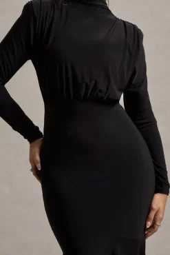 Carla | Black High-Neck Maxi Dress With Draped Hem