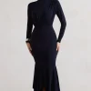 Carla | Navy High-Neck Maxi Dress With Draped Hem