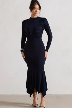 Carla | Navy High-Neck Maxi Dress With Draped Hem