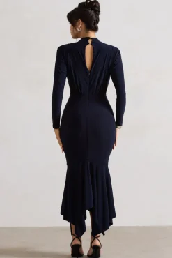 Carla | Navy High-Neck Maxi Dress With Draped Hem