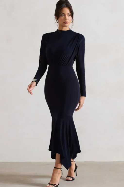 Carla | Navy High-Neck Maxi Dress With Draped Hem