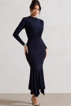 Carla | Navy High-Neck Maxi Dress With Draped Hem