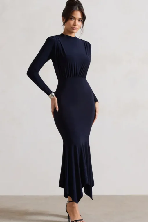 Carla | Navy High-Neck Maxi Dress With Draped Hem