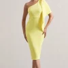 Carlana | Lemon Asymmetric Midi Dress With Ruffled Drape