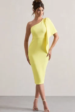 Carlana | Lemon Asymmetric Midi Dress With Ruffled Drape