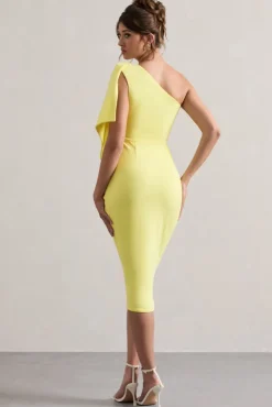 Carlana | Lemon Asymmetric Midi Dress With Ruffled Drape