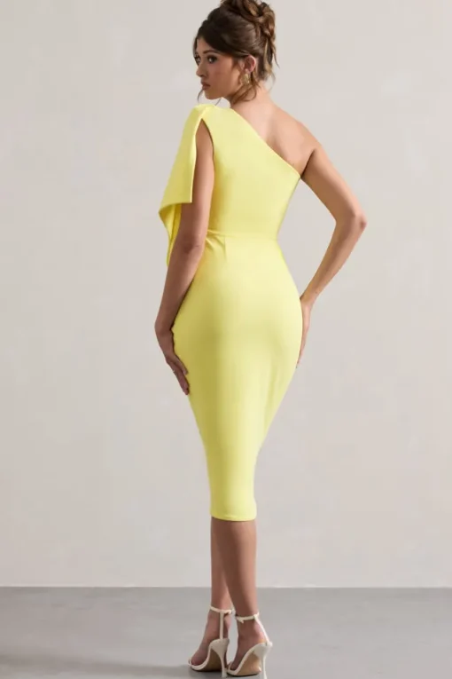 Carlana | Lemon Asymmetric Midi Dress With Ruffled Drape