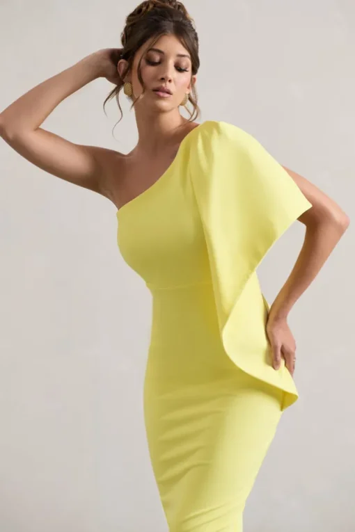 Carlana | Lemon Asymmetric Midi Dress With Ruffled Drape