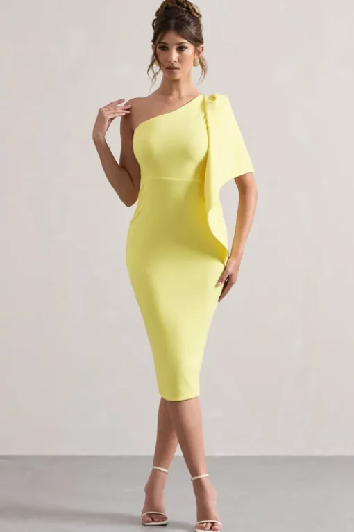Carlana | Lemon Asymmetric Midi Dress With Ruffled Drape