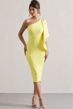 Carlana | Lemon Asymmetric Midi Dress With Ruffled Drape