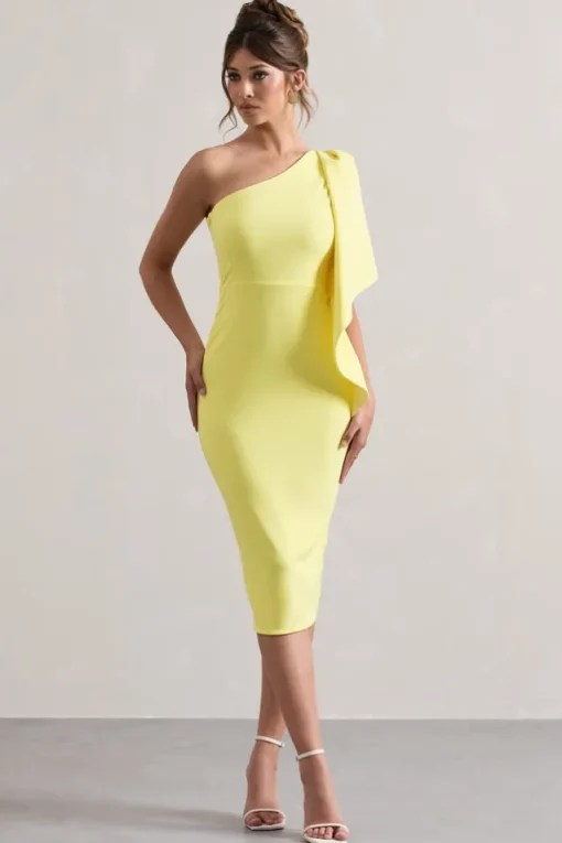 Carlana | Lemon Asymmetric Midi Dress With Ruffled Drape