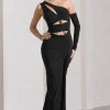 Carlina | Black Ruched One Shoulder Cut-Out Split Maxi Dress