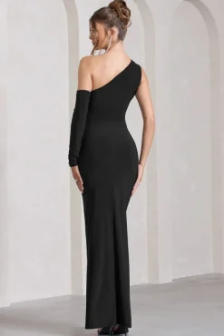 Carlina | Black Ruched One Shoulder Cut-Out Split Maxi Dress