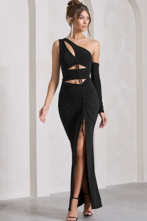 Carlina | Black Ruched One Shoulder Cut-Out Split Maxi Dress