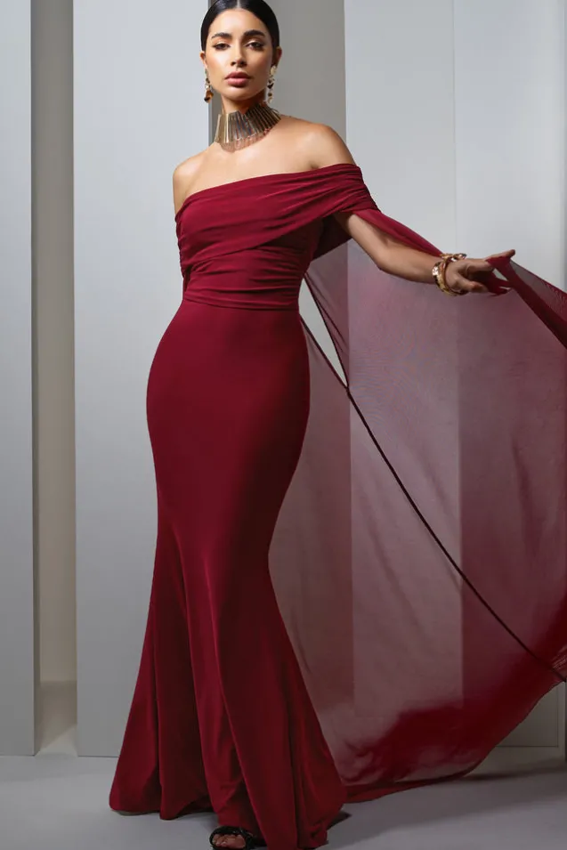 Carlotta | Berry Bardot Maxi Dress With Chiffon Cape