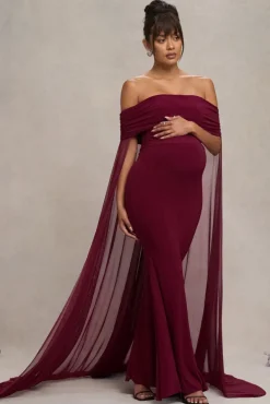 Carlotta | Berry Bardot Maternity Maxi Dress With Chiffon Cape