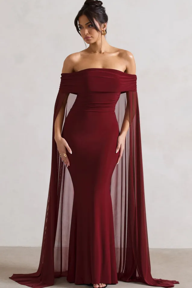 Carlotta | Berry Bardot Maxi Dress With Chiffon Cape