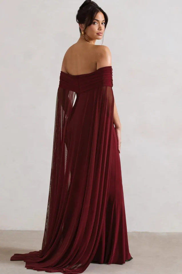 Carlotta | Berry Bardot Maxi Dress With Chiffon Cape