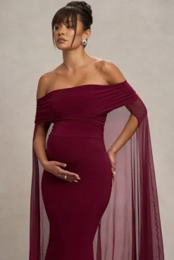 Carlotta | Berry Bardot Maternity Maxi Dress With Chiffon Cape
