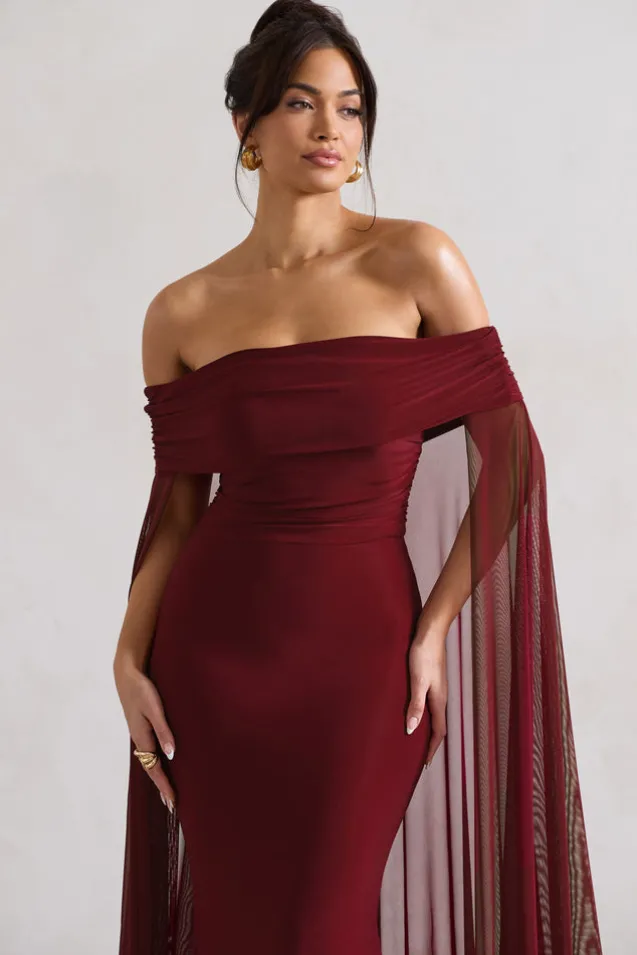 Carlotta | Berry Bardot Maxi Dress With Chiffon Cape