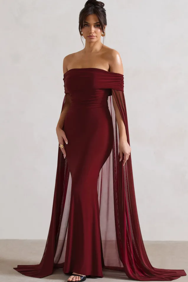 Carlotta | Berry Bardot Maxi Dress With Chiffon Cape