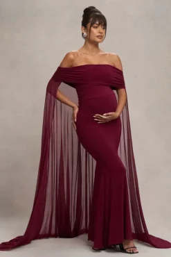 Carlotta | Berry Bardot Maternity Maxi Dress With Chiffon Cape