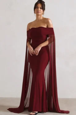 Carlotta | Berry Bardot Maxi Dress With Chiffon Cape