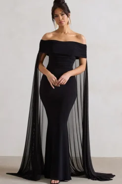 Carlotta | Black Bardot Maxi Dress With Chiffon Cape