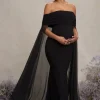 Carlotta | Black Bardot Maternity Maxi Dress With Chiffon Cape