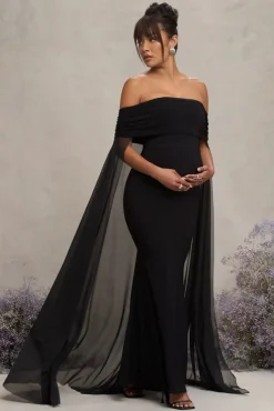 Carlotta | Black Bardot Maternity Maxi Dress With Chiffon Cape