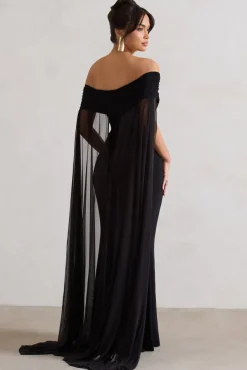 Carlotta | Black Bardot Maxi Dress With Chiffon Cape