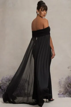 Carlotta | Black Bardot Maternity Maxi Dress With Chiffon Cape