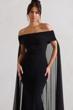 Carlotta | Black Bardot Maxi Dress With Chiffon Cape
