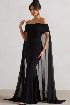 Carlotta | Black Bardot Maxi Dress With Chiffon Cape