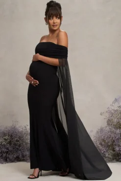 Carlotta | Black Bardot Maternity Maxi Dress With Chiffon Cape