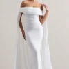 Carlotta | White Bardot Maxi Dress With Chiffon Cape