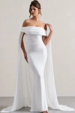 Carlotta | White Bardot Maxi Dress With Chiffon Cape