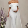 Carlotta | White Bardot Maternity Maxi Dress With Chiffon Cape