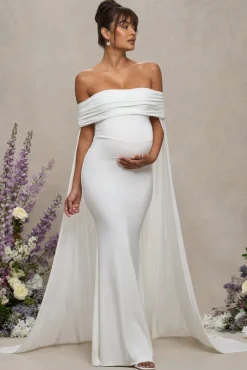 Carlotta | White Bardot Maternity Maxi Dress With Chiffon Cape