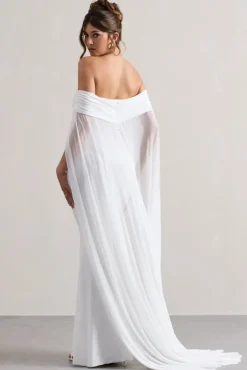 Carlotta | White Bardot Maxi Dress With Chiffon Cape