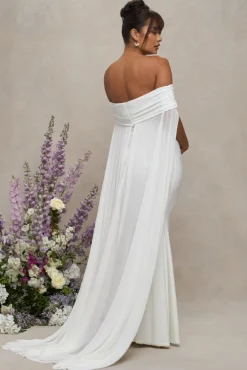 Carlotta | White Bardot Maternity Maxi Dress With Chiffon Cape