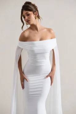 Carlotta | White Bardot Maxi Dress With Chiffon Cape