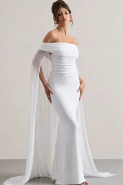 Carlotta | White Bardot Maxi Dress With Chiffon Cape